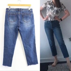 Mill Luxe slim straight jeans blue medium wash raw hem cut off urban classic 6